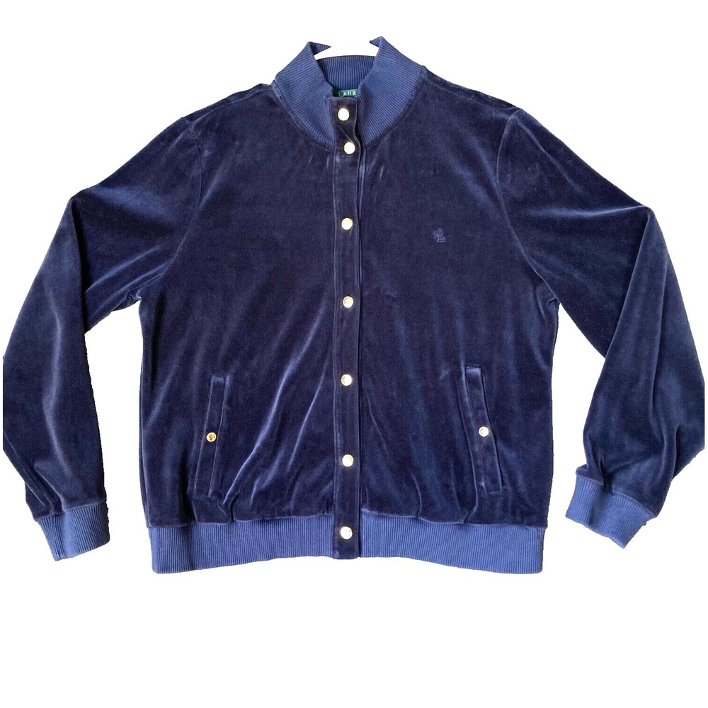 VTG Ralph Lauren Velour Track Jacket Women XL L Navy Gold Snap Pocket Mock Neck